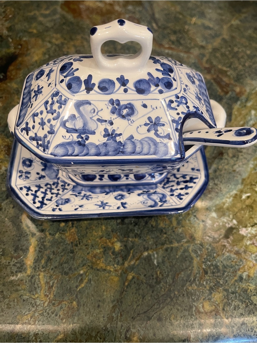 Portugese Blue and White Porcelain jam dish with ceramic spoon